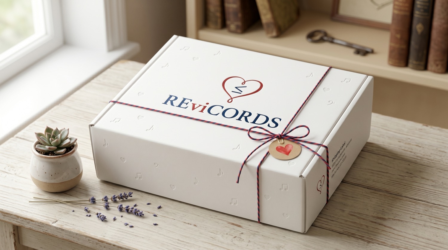 La Caja REviCORDS: packaging premium blanco con cordón y colgante de corazón